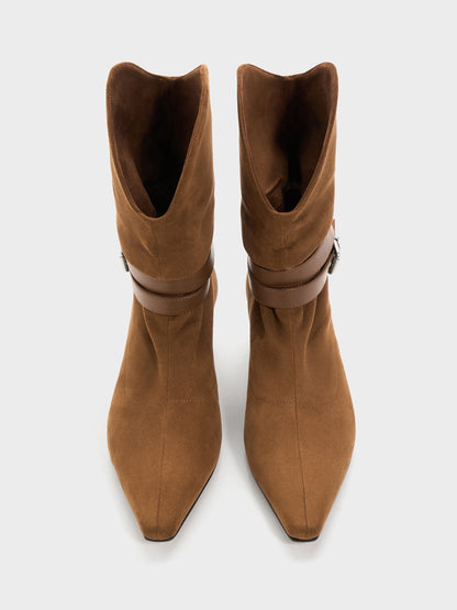 CHARLES & KEITH Popular / Karter Faux Suede Kitten-Heel Boots - Cognac
