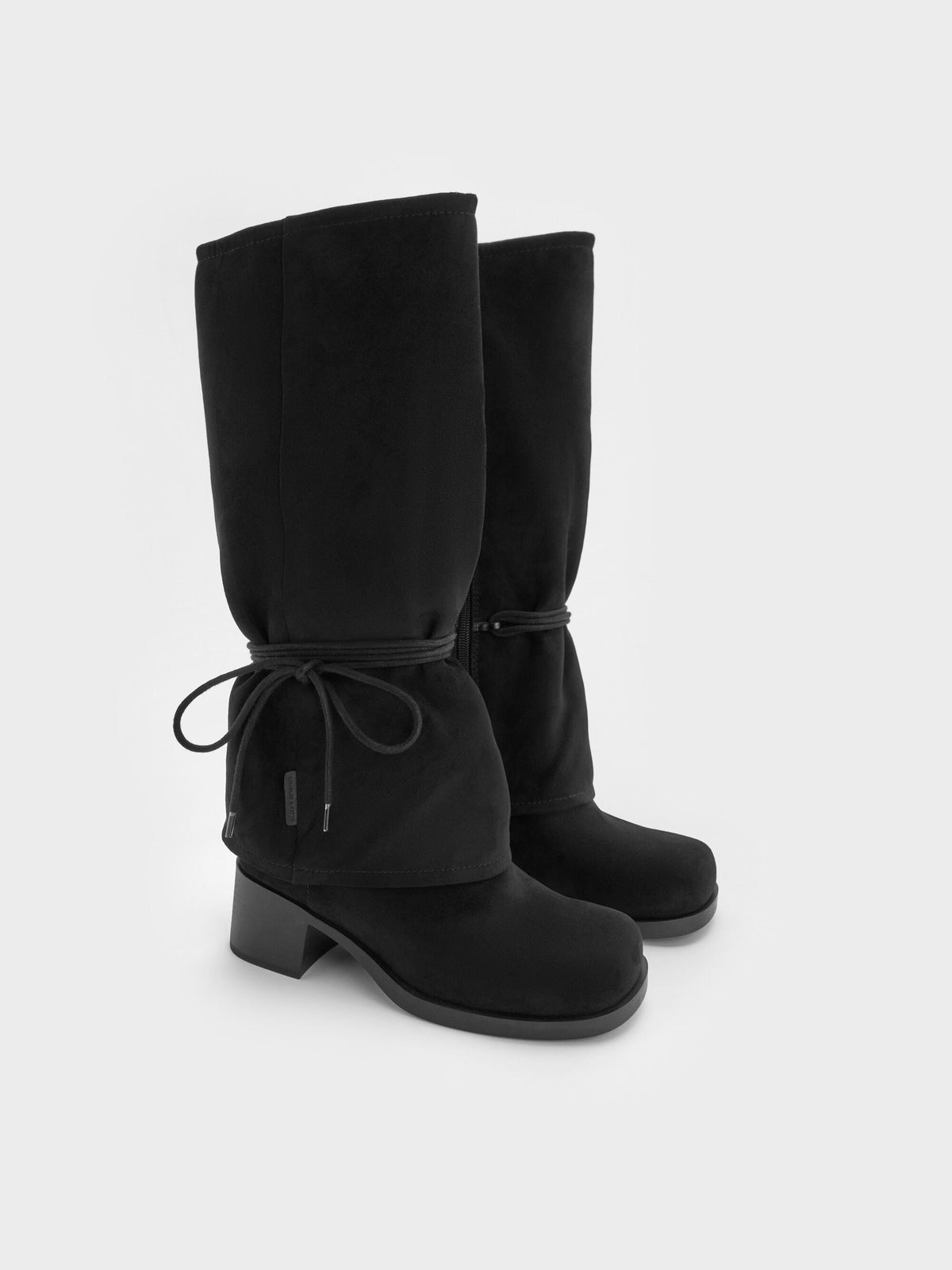 CHARLES & KEITH Recommended / Faux Suede Tie-Around Knee-High Boots - Black Textured