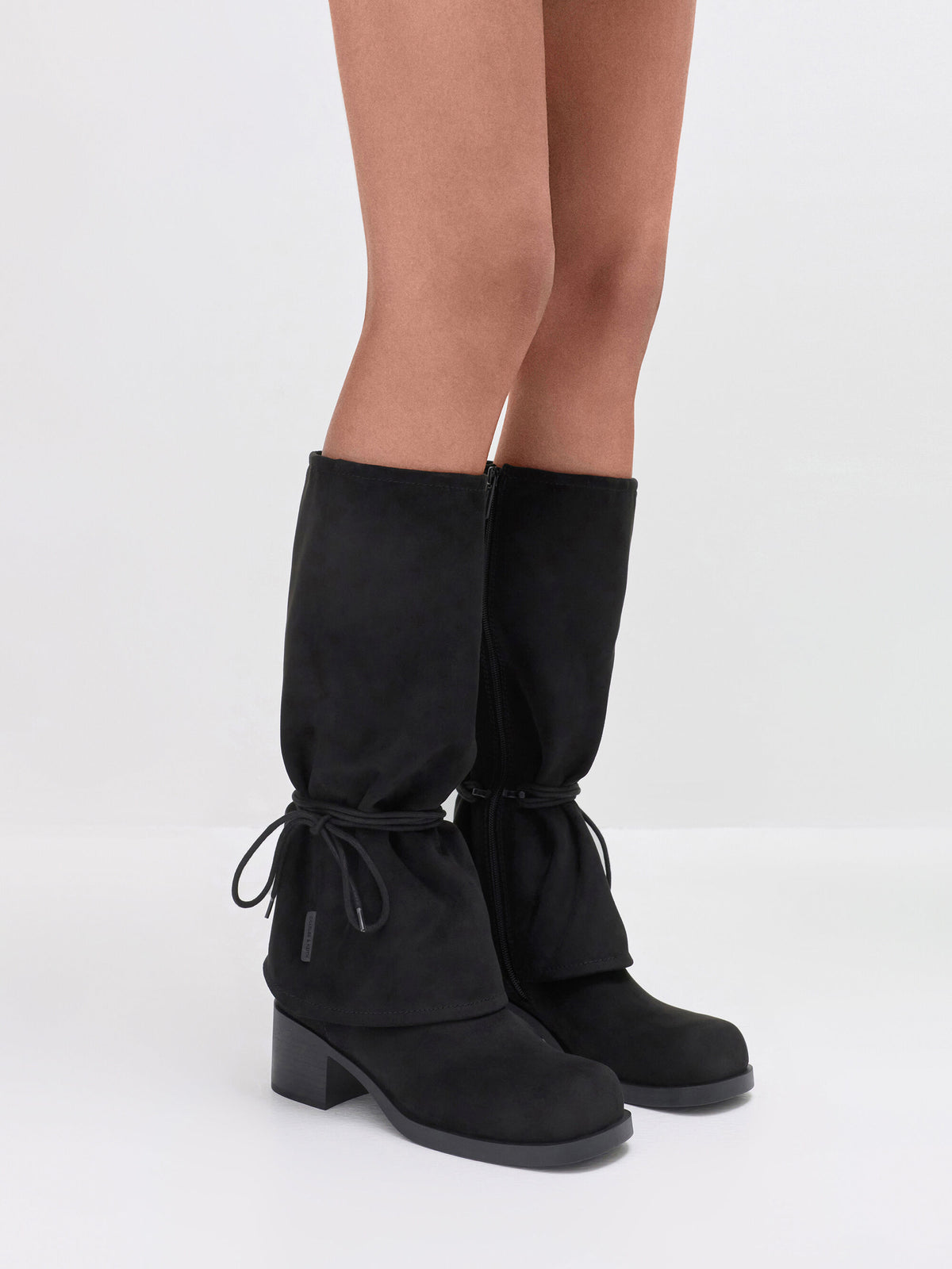 CHARLES & KEITH Recommended / Faux Suede Tie-Around Knee-High Boots - Black Textured