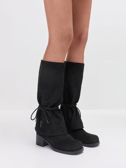 CHARLES & KEITH Recommended / Faux Suede Tie-Around Knee-High Boots - Black Textured