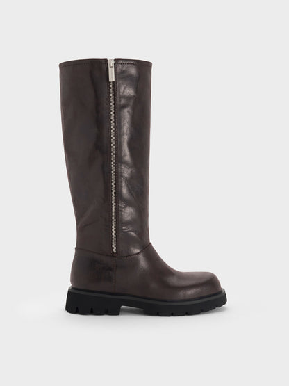 CHARLES & KEITH Best Seller / Rosamond Knee-High Boots - Dark Brown Textured