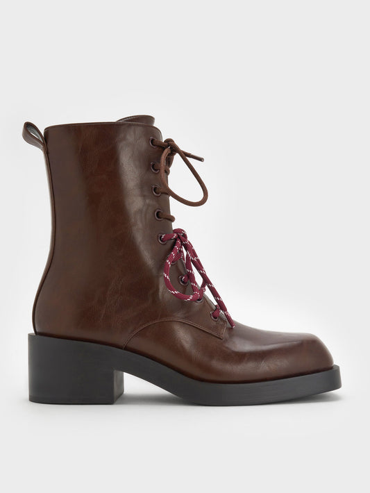 CHARLES & KEITH New / Logan Double-Lace Calf Boots - Dark Brown