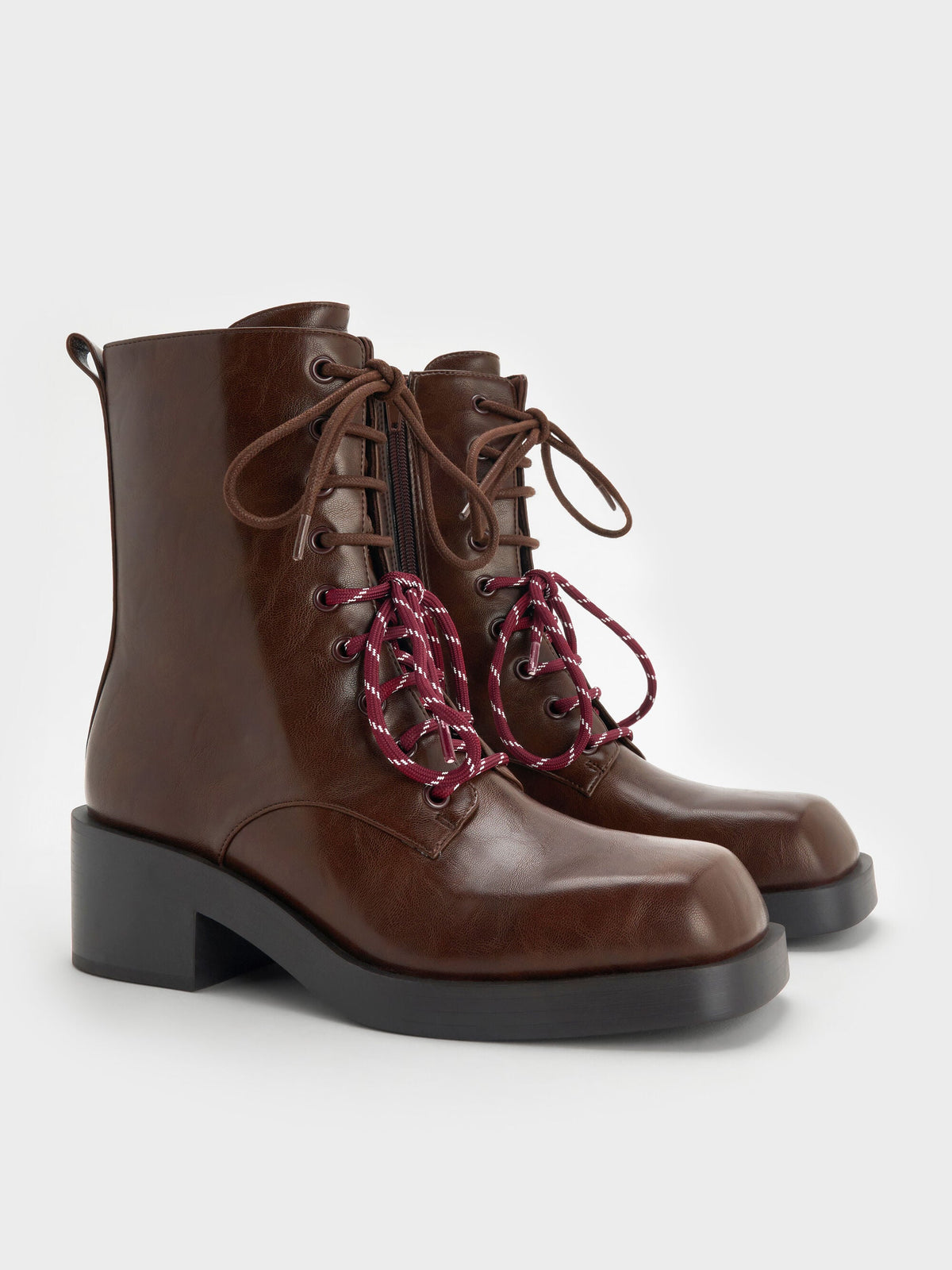 CHARLES & KEITH New / Logan Double-Lace Calf Boots - Dark Brown