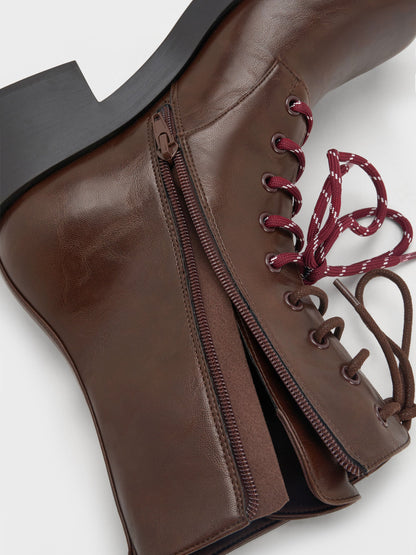 CHARLES & KEITH New / Logan Double-Lace Calf Boots - Dark Brown