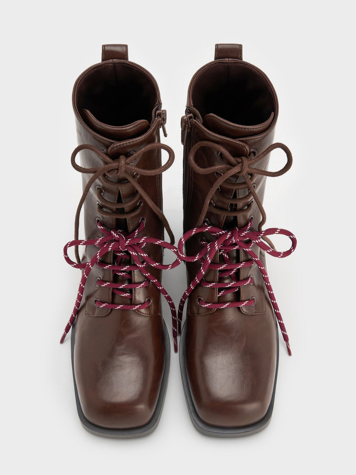 CHARLES & KEITH New / Logan Double-Lace Calf Boots - Dark Brown