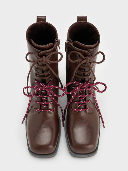 CHARLES & KEITH New / Logan Double-Lace Calf Boots - Dark Brown
