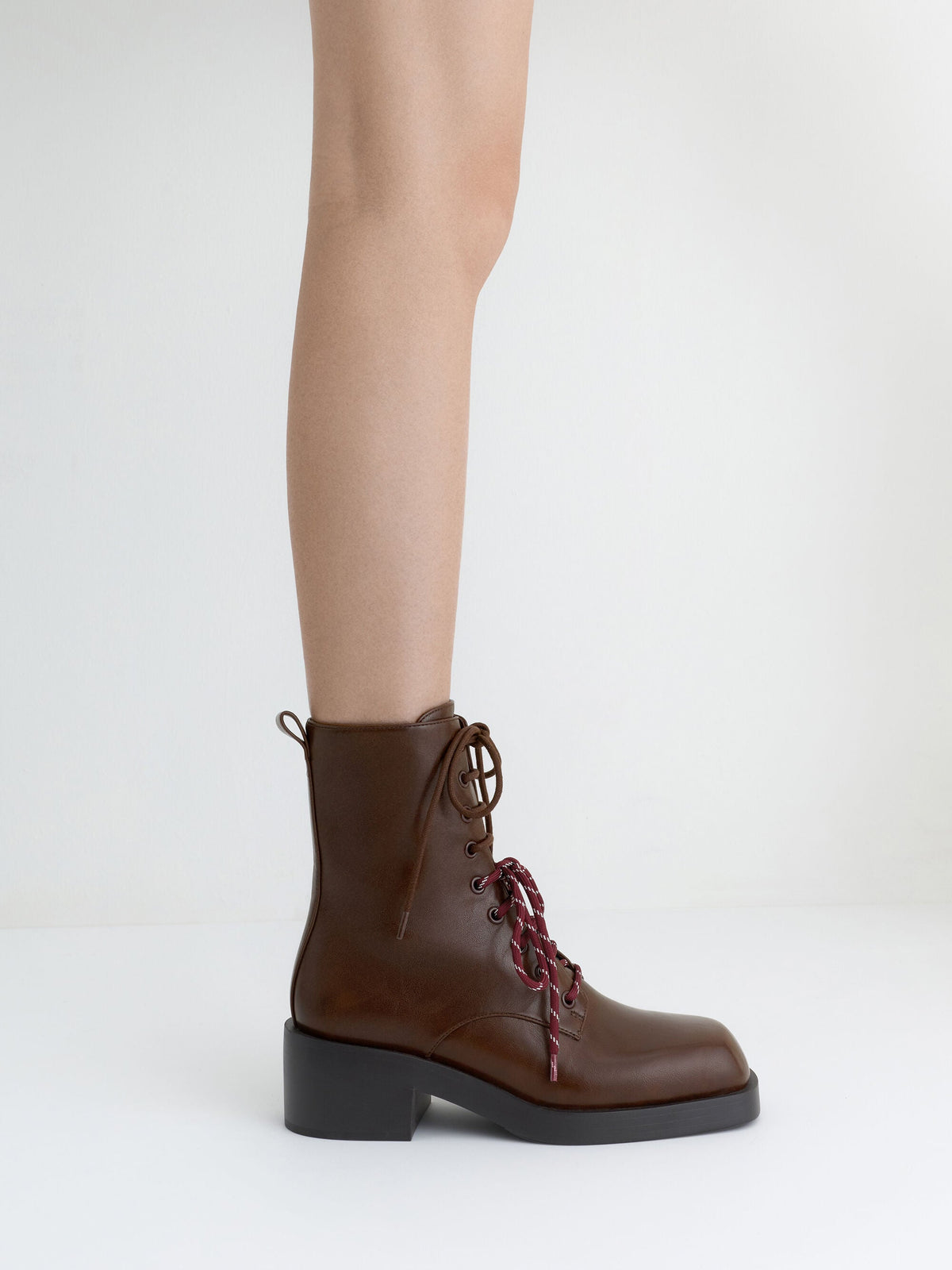 CHARLES & KEITH New / Logan Double-Lace Calf Boots - Dark Brown
