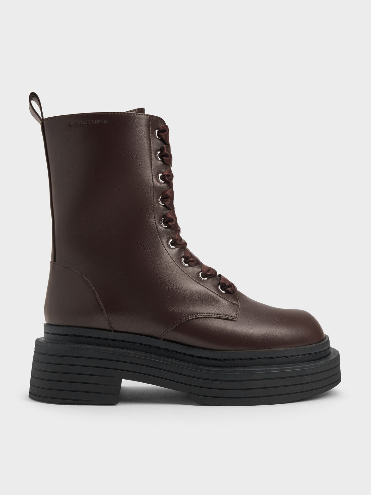 CHARLES & KEITH Best Seller / Satin-Lace Platform Combat Boots - Dark Brown