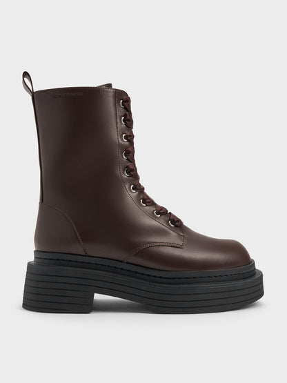 CHARLES & KEITH Best Seller / Satin-Lace Platform Combat Boots - Dark Brown