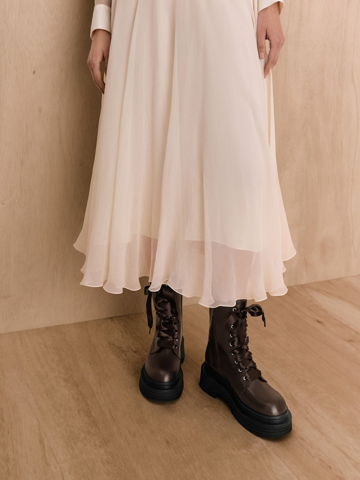 CHARLES & KEITH Best Seller / Satin-Lace Platform Combat Boots - Dark Brown