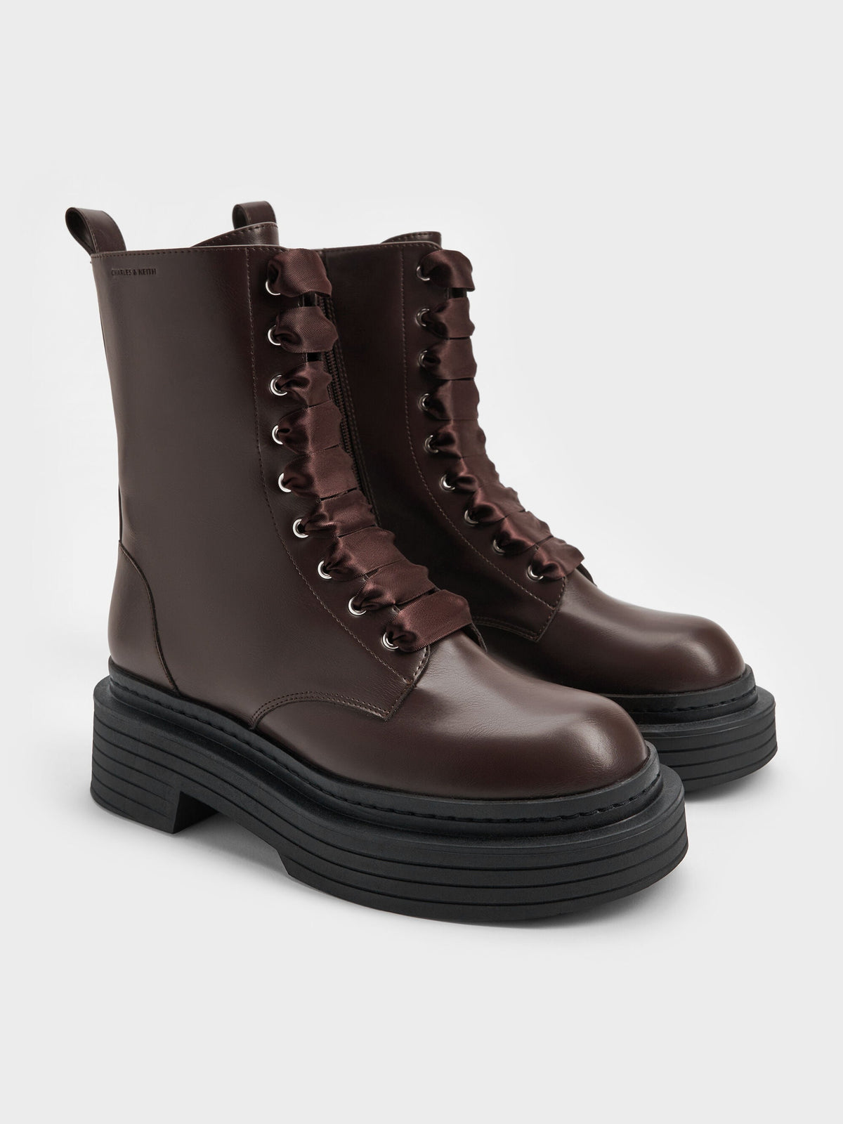 CHARLES & KEITH Best Seller / Satin-Lace Platform Combat Boots - Dark Brown