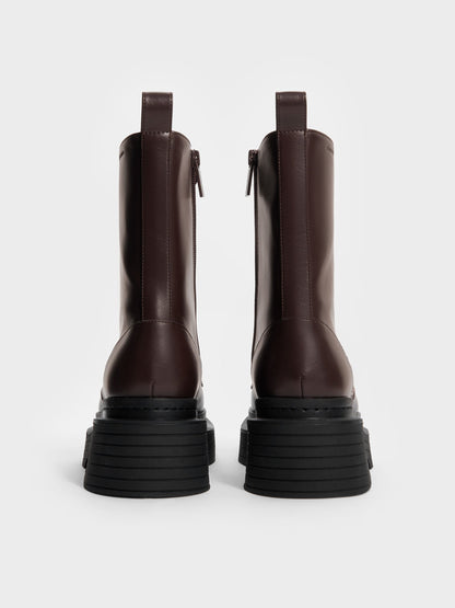 CHARLES & KEITH Best Seller / Satin-Lace Platform Combat Boots - Dark Brown
