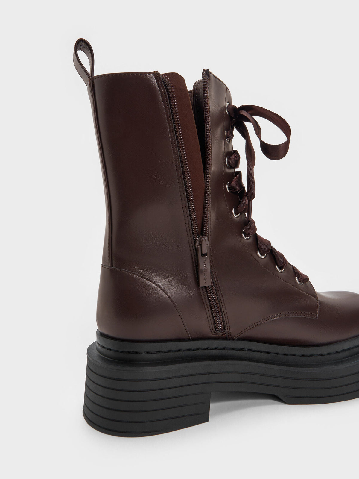 CHARLES & KEITH Best Seller / Satin-Lace Platform Combat Boots - Dark Brown