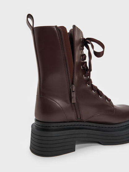 CHARLES & KEITH Best Seller / Satin-Lace Platform Combat Boots - Dark Brown