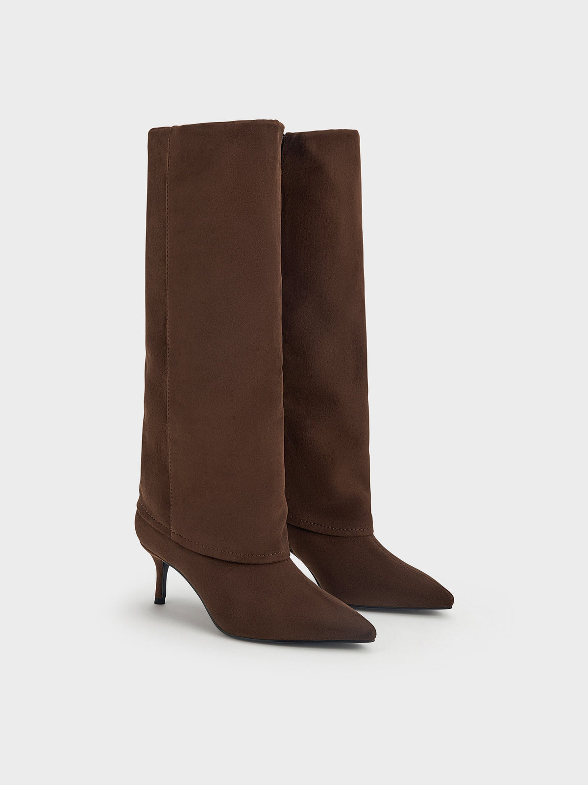 CHARLES & KEITH New / Faux Suede Pointed Stiletto Knee-High Boots - Dark Brown Textured