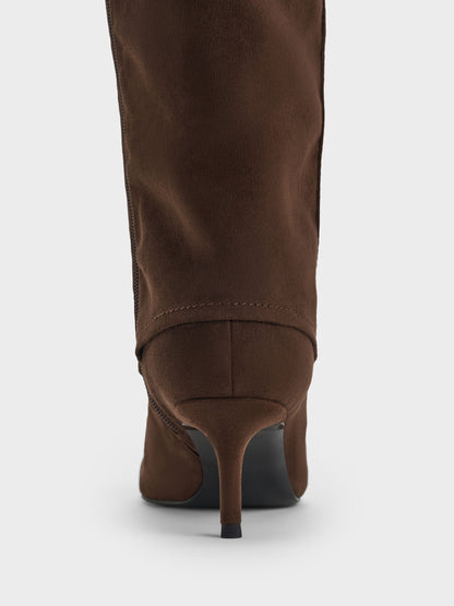 CHARLES & KEITH New / Faux Suede Pointed Stiletto Knee-High Boots - Dark Brown Textured