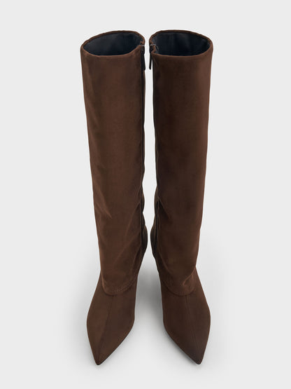 CHARLES & KEITH New / Faux Suede Pointed Stiletto Knee-High Boots - Dark Brown Textured