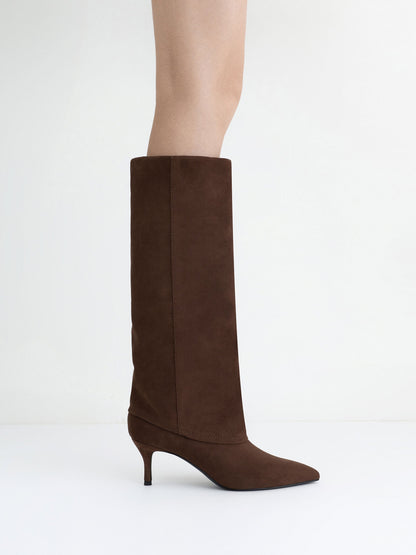 CHARLES & KEITH New / Faux Suede Pointed Stiletto Knee-High Boots - Dark Brown Textured