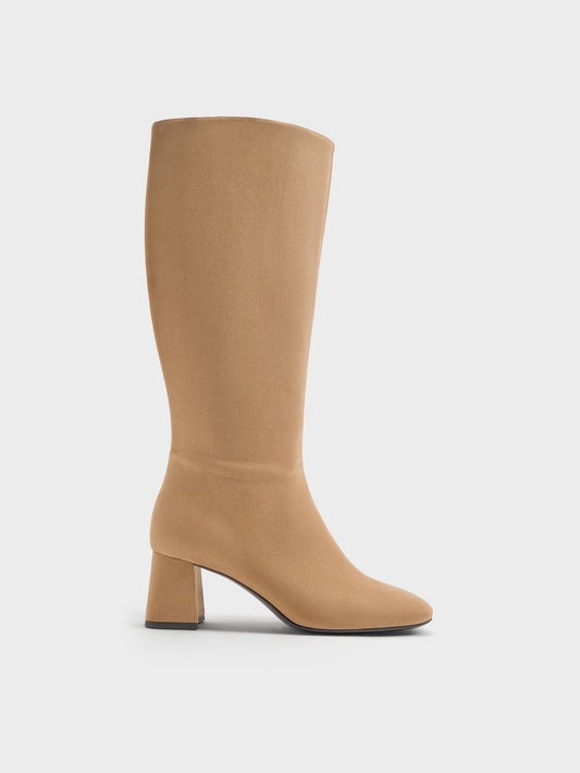 CHARLES & KEITH Hot Sale / Faux Suede Square-Toe Knee-High Boots - Sand