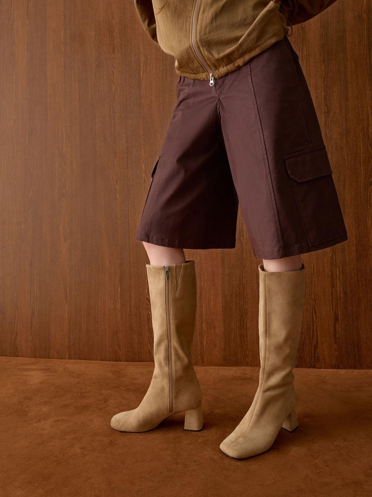 CHARLES & KEITH Hot Sale / Faux Suede Square-Toe Knee-High Boots - Sand