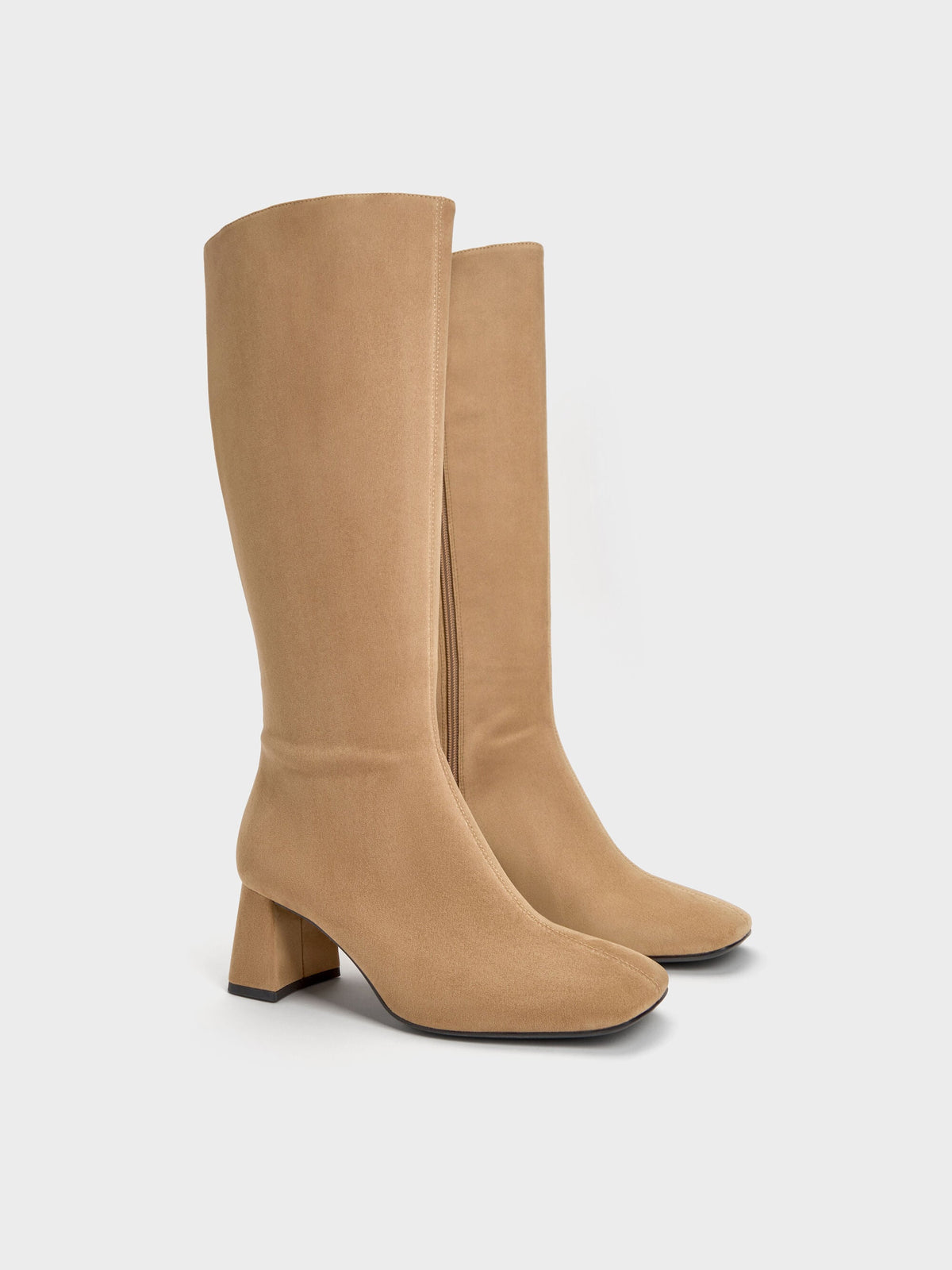 CHARLES & KEITH Hot Sale / Faux Suede Square-Toe Knee-High Boots - Sand