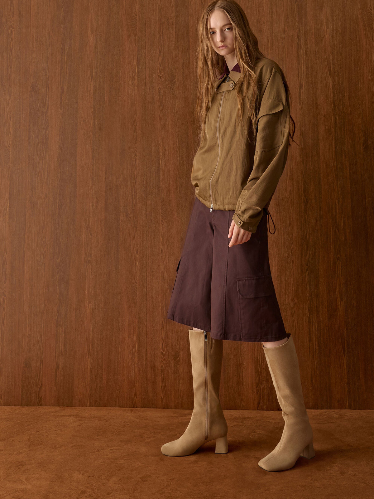 CHARLES & KEITH Hot Sale / Faux Suede Square-Toe Knee-High Boots - Sand