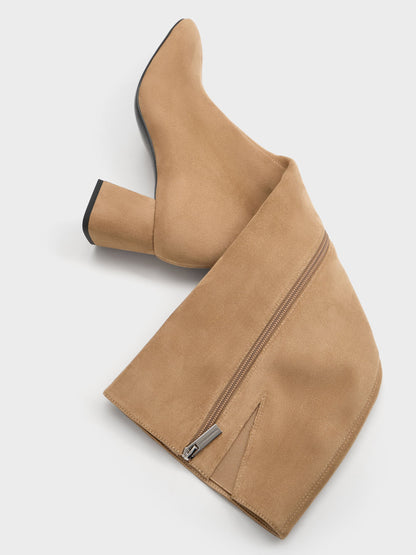 CHARLES & KEITH Hot Sale / Faux Suede Square-Toe Knee-High Boots - Sand