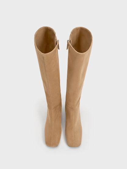 CHARLES & KEITH Hot Sale / Faux Suede Square-Toe Knee-High Boots - Sand