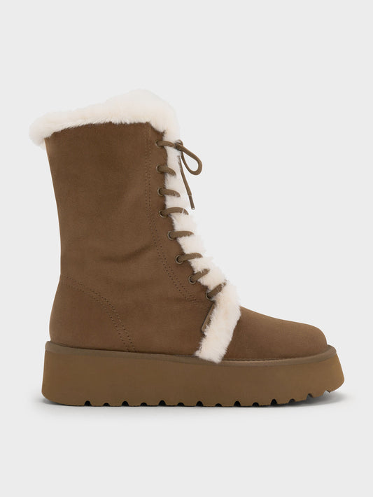CHARLES & KEITH Trending / Faux Suede & Faux Fur Flatform Boots - Brown