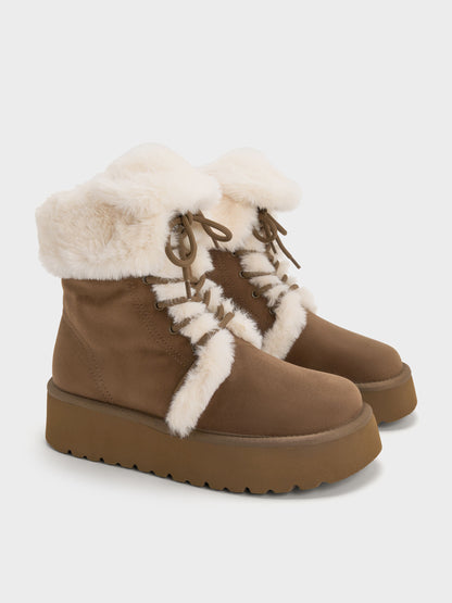 CHARLES & KEITH Trending / Faux Suede & Faux Fur Flatform Boots - Brown
