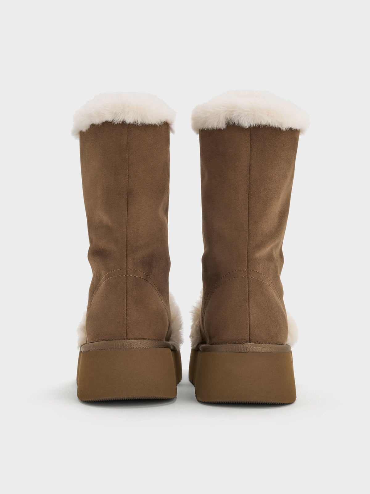 CHARLES & KEITH Trending / Faux Suede & Faux Fur Flatform Boots - Brown