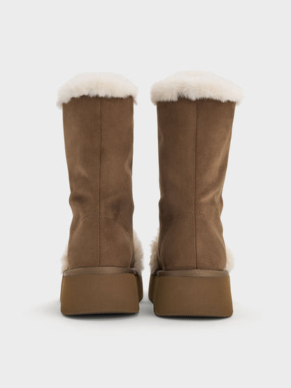 CHARLES & KEITH Trending / Faux Suede & Faux Fur Flatform Boots - Brown