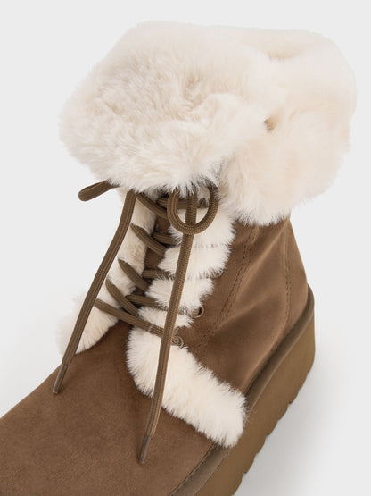 CHARLES & KEITH Trending / Faux Suede & Faux Fur Flatform Boots - Brown