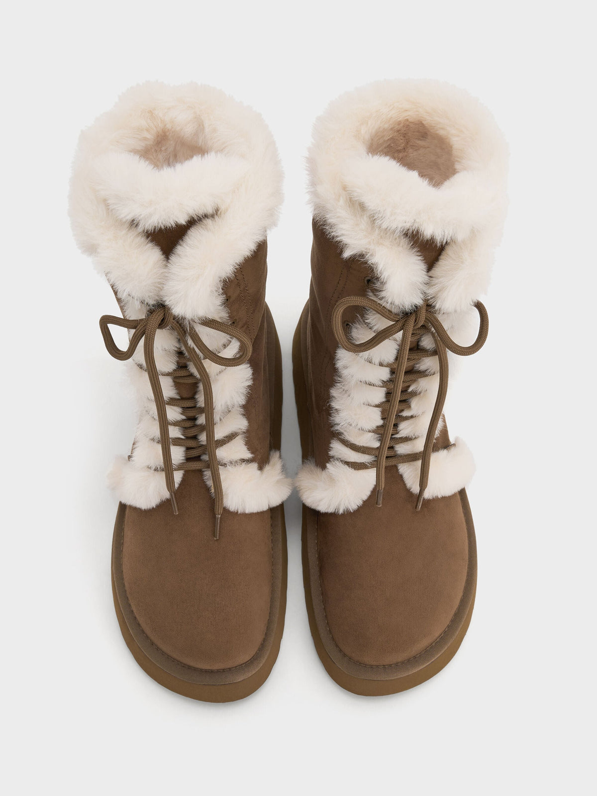 CHARLES & KEITH Trending / Faux Suede & Faux Fur Flatform Boots - Brown