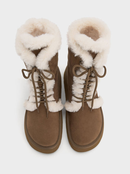 CHARLES & KEITH Trending / Faux Suede & Faux Fur Flatform Boots - Brown