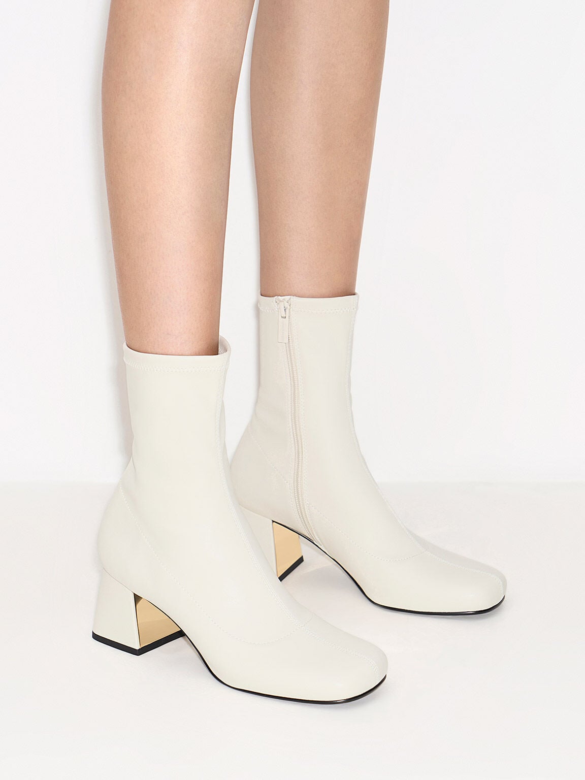 CHARLES & KEITH Classic / Jully Metallic Trapeze Heel Ankle Boots - Chalk