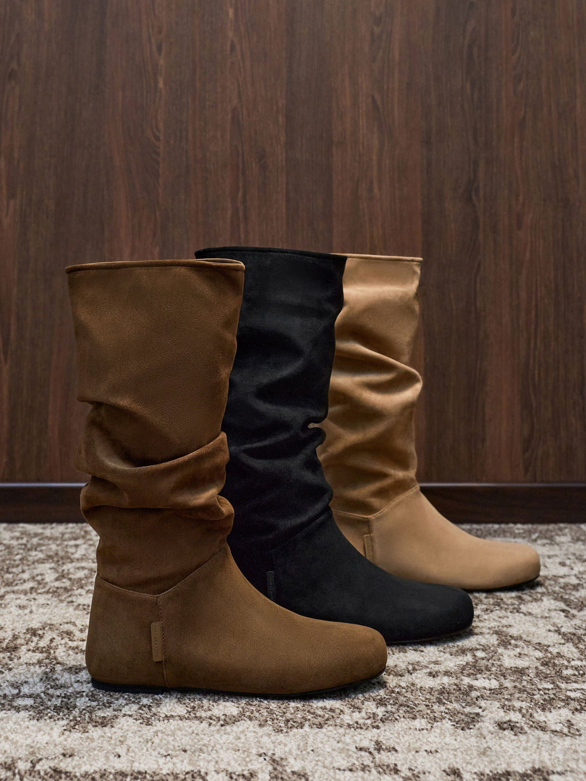 CHARLES & KEITH Exclusive / Faux Suede Ruched Knee-High Boots - Black Textured