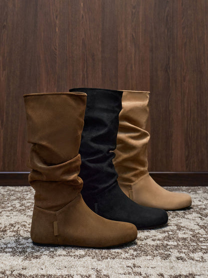 CHARLES & KEITH Exclusive / Faux Suede Ruched Knee-High Boots - Black Textured