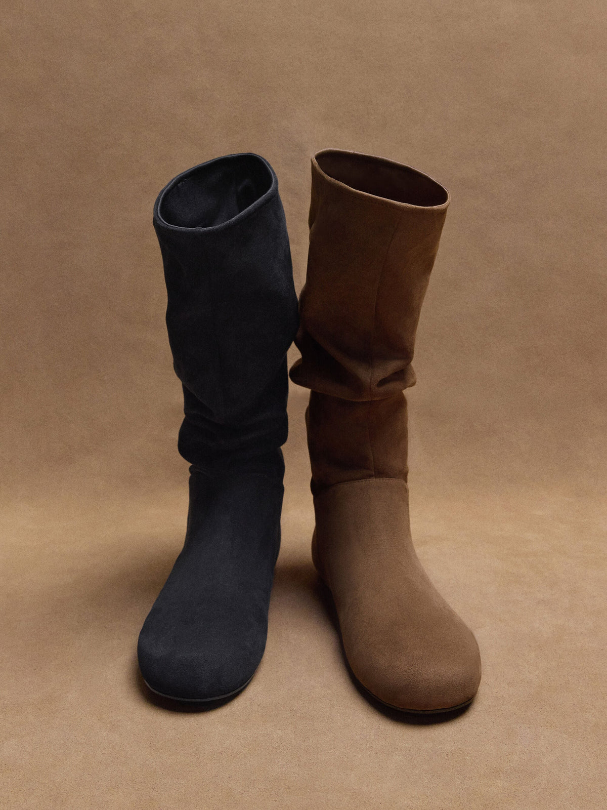 CHARLES & KEITH Exclusive / Faux Suede Ruched Knee-High Boots - Black Textured