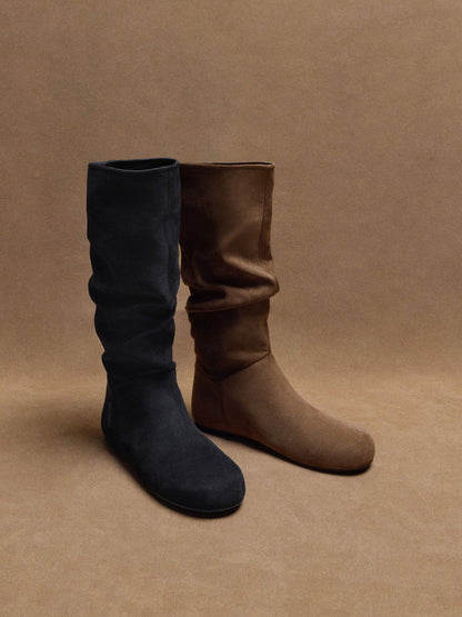 CHARLES & KEITH Exclusive / Faux Suede Ruched Knee-High Boots - Black Textured