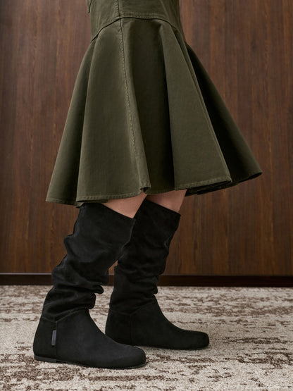 CHARLES & KEITH Exclusive / Faux Suede Ruched Knee-High Boots - Black Textured