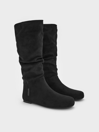 CHARLES & KEITH Exclusive / Faux Suede Ruched Knee-High Boots - Black Textured