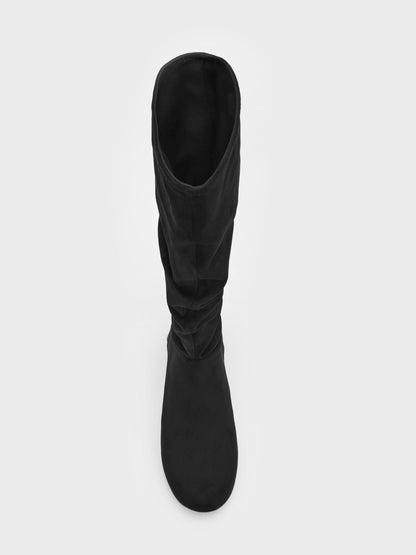 CHARLES & KEITH Exclusive / Faux Suede Ruched Knee-High Boots - Black Textured