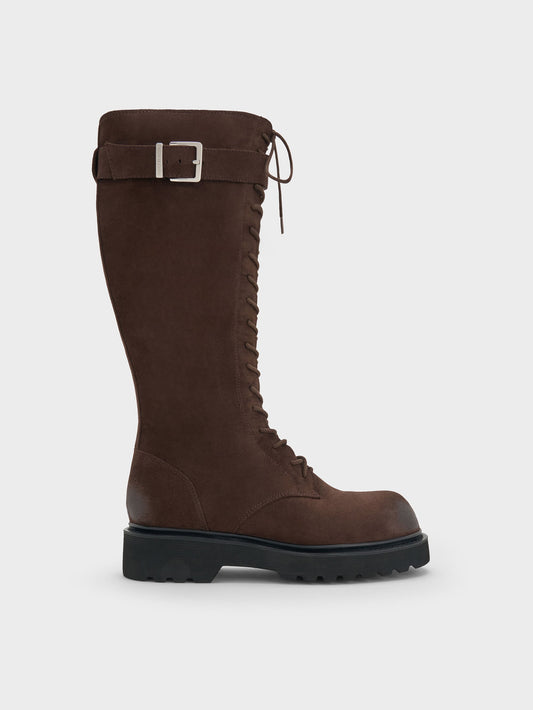 CHARLES & KEITH Top Pick / Darian Faux Suede Knee-High Boots - Dark Brown Textured