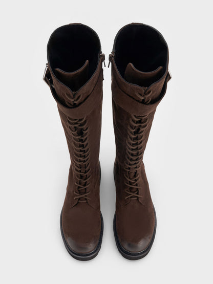 CHARLES & KEITH Top Pick / Darian Faux Suede Knee-High Boots - Dark Brown Textured
