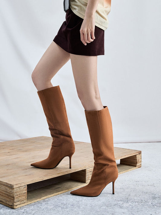 CHARLES & KEITH Trusted / Faux Suede Pointed Stiletto Knee-High Boots - Cognac