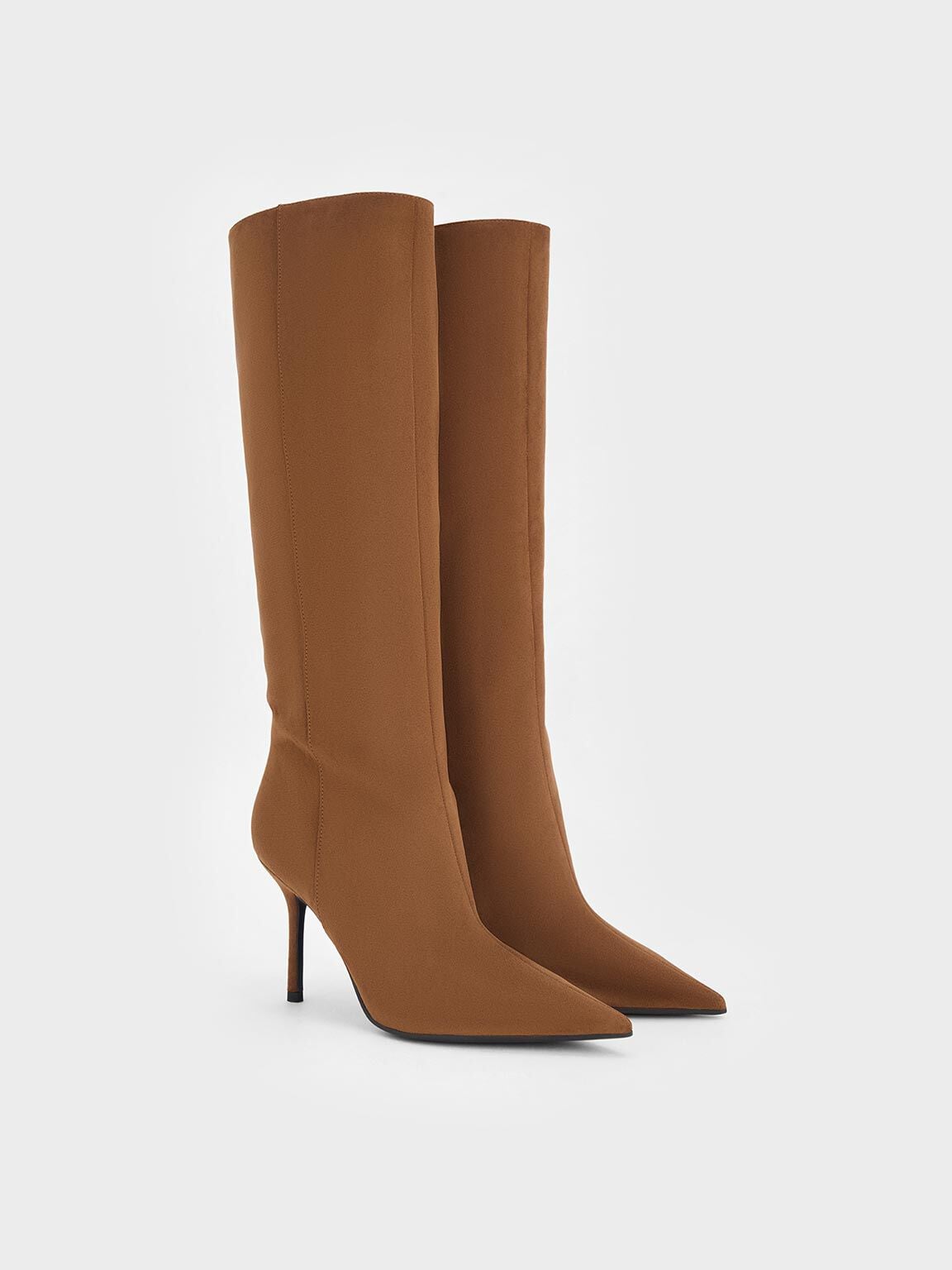 CHARLES & KEITH Trusted / Faux Suede Pointed Stiletto Knee-High Boots - Cognac