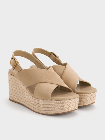 CHARLES & KEITH Best Price / Faux Suede Crossover Espadrille Wedges - Sand