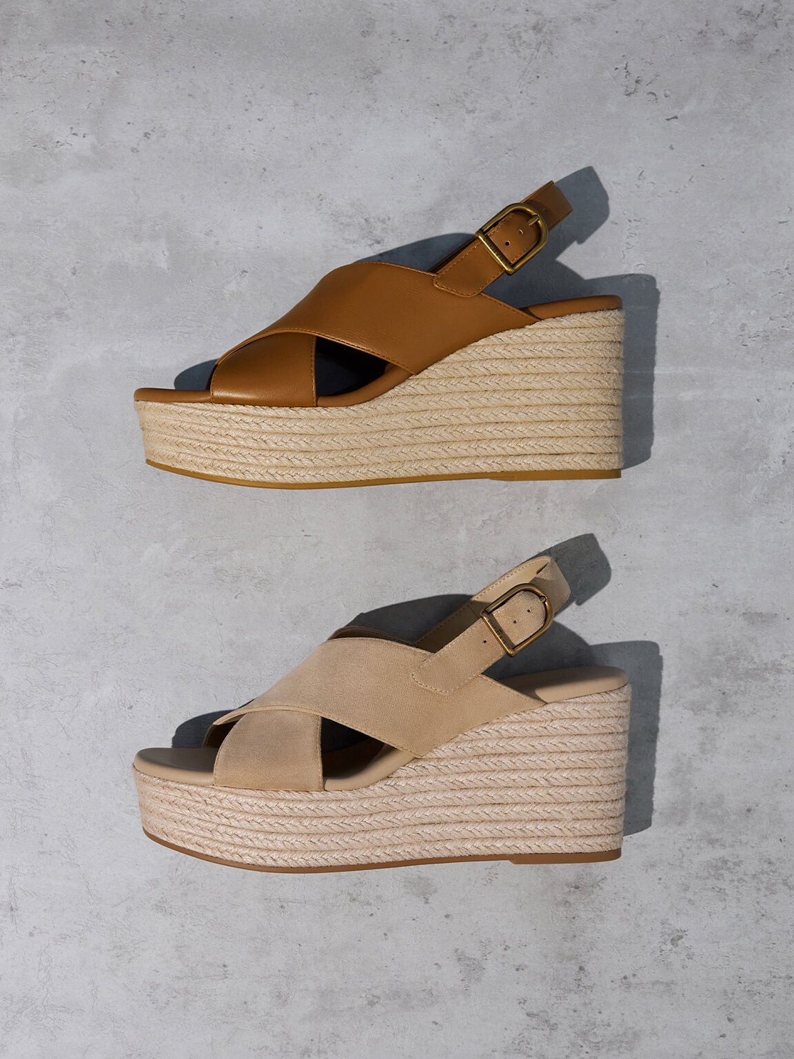 CHARLES & KEITH Best Price / Faux Suede Crossover Espadrille Wedges - Sand