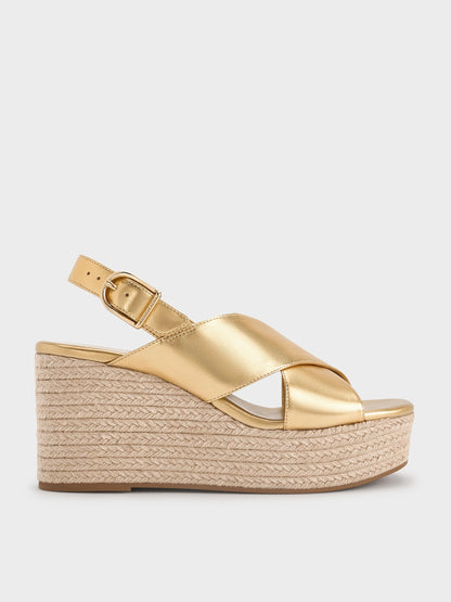 CHARLES & KEITH Quality / Metallic Crossover Espadrille Wedges - Gold